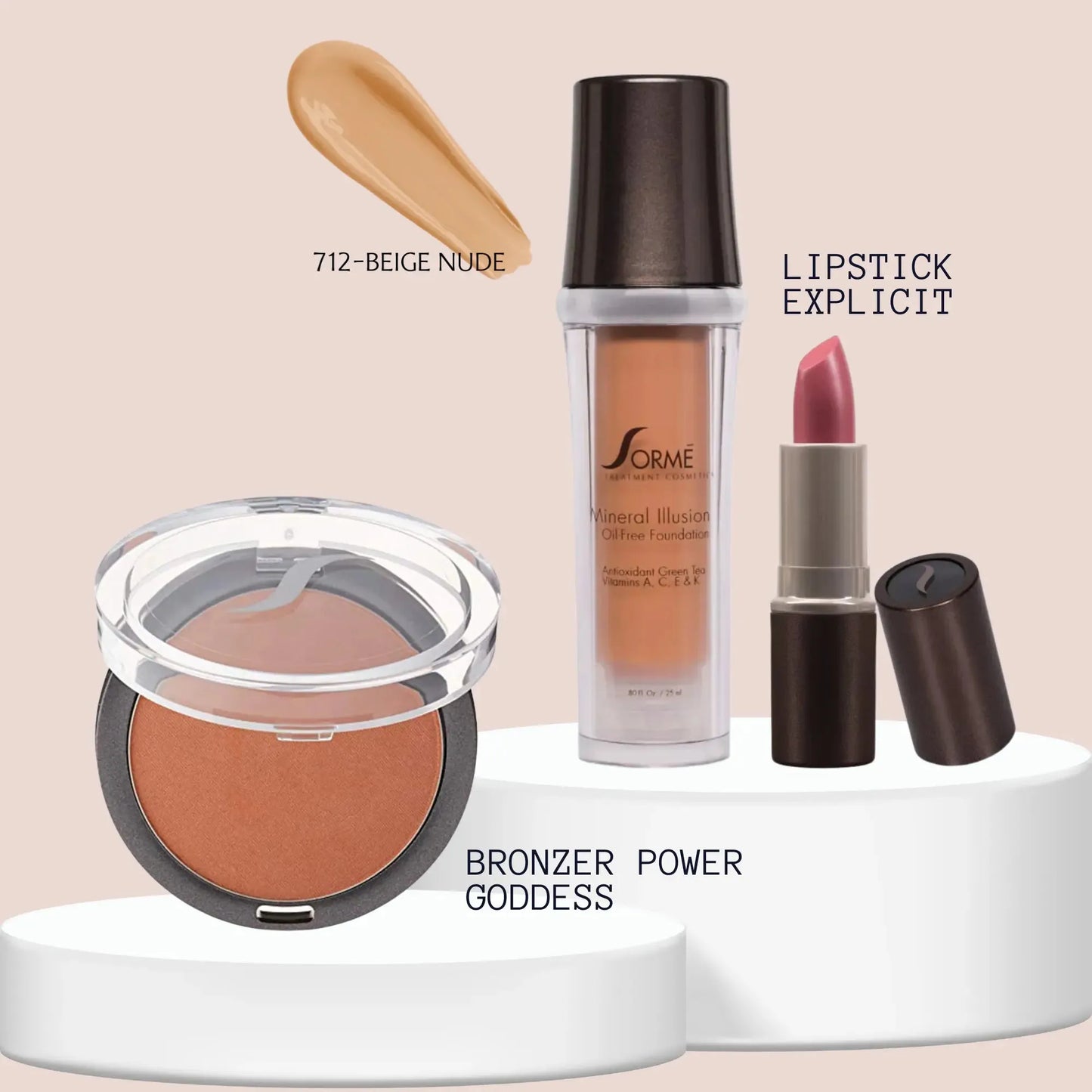 Sorme Base Mineral Beige Nude + Bronceador Goddess + Labial Explicit Capeli