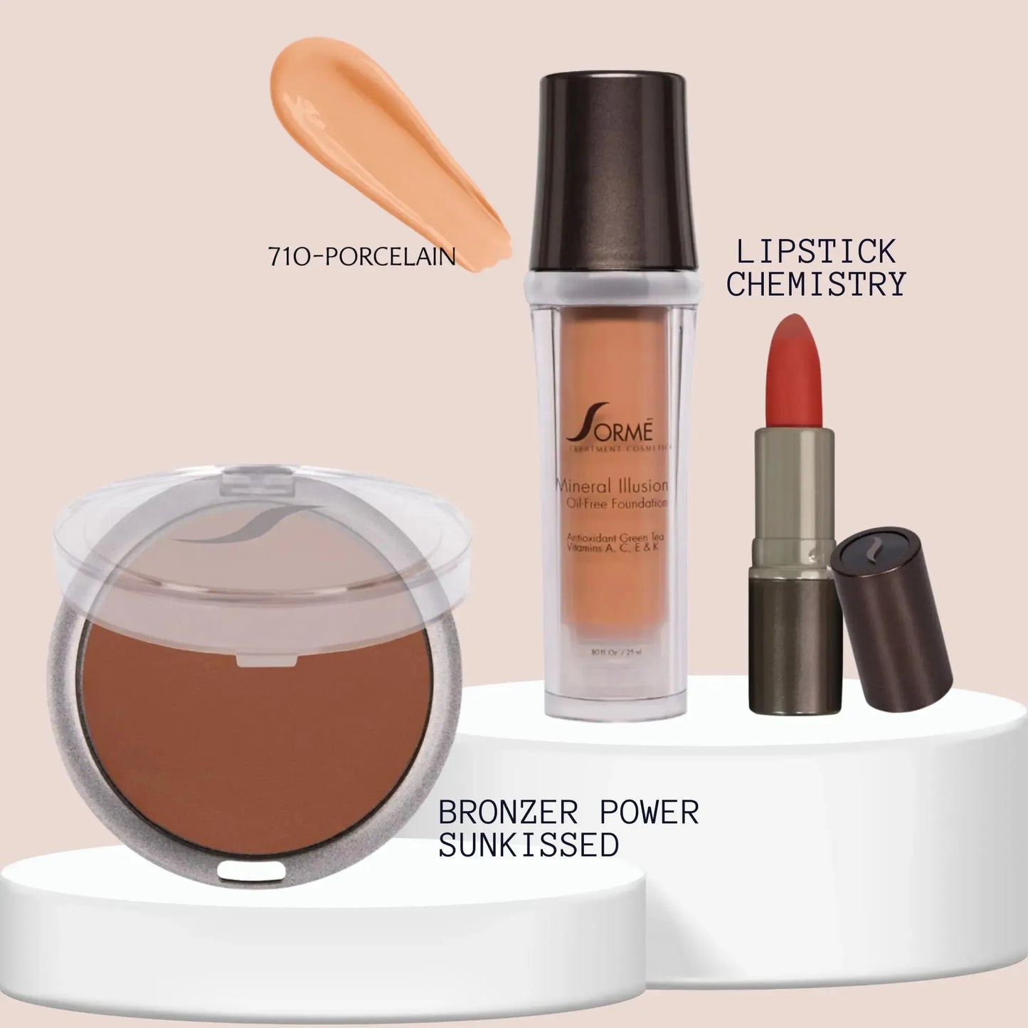 Sorme Base Mineral Porcelain + Bronceador Sunkissed + Labial Chemistry Capeli