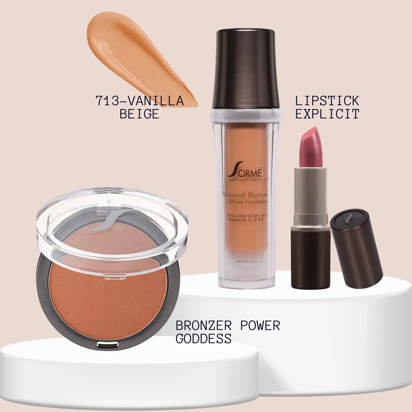 Sorme Base Mineral Vanilla Beige + Bronceador Goddess + Labial Explicit Capeli