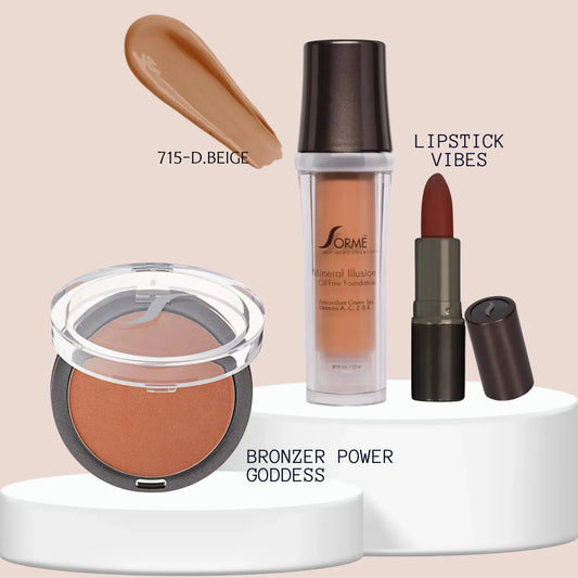 Sorme Base Mineral Dark Beige + Bronceador Terracotta + Labial Vibes Capeli