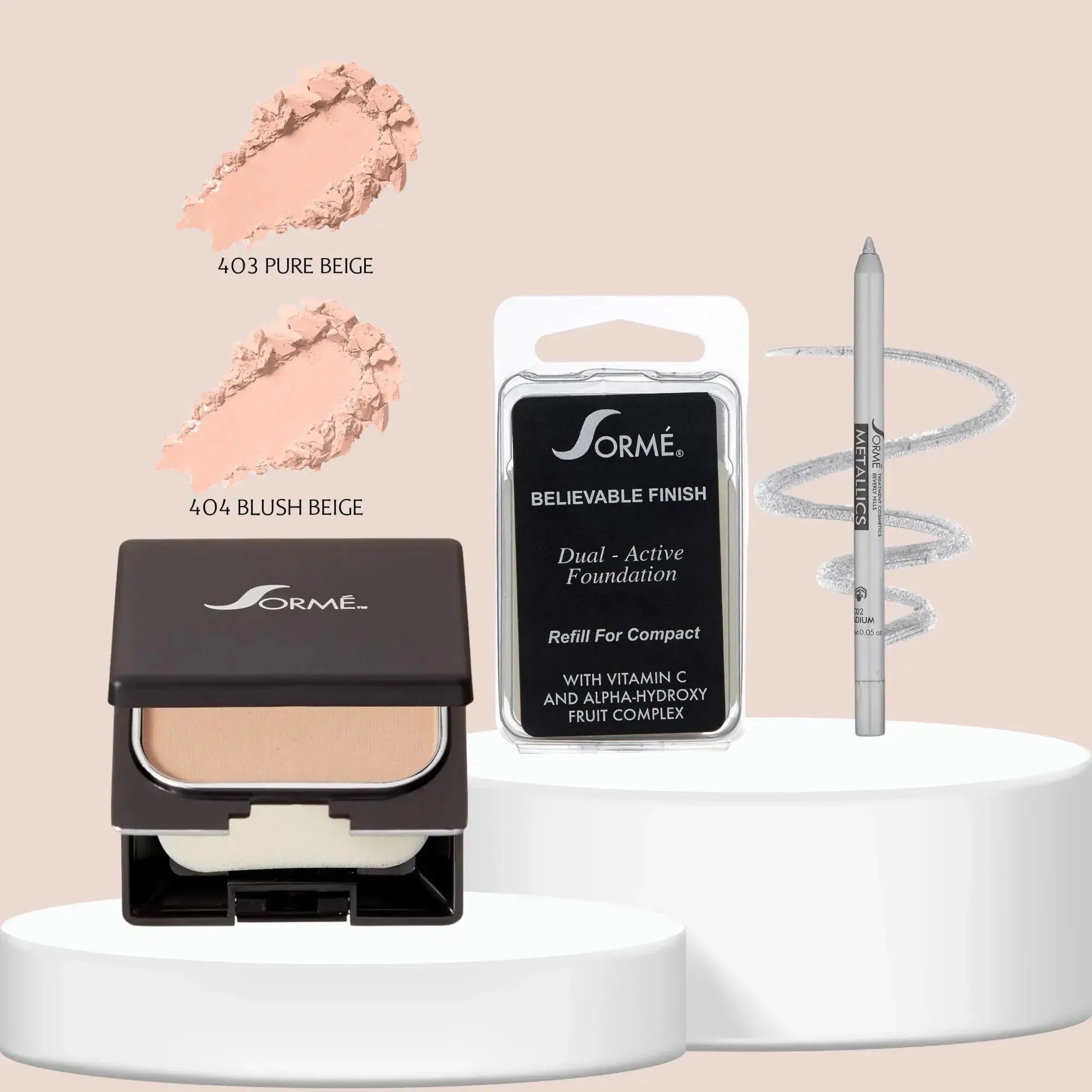 Sorme Base Polvo Blush Beige + Repuesto Pure Beige + Delineador Palladium Capeli