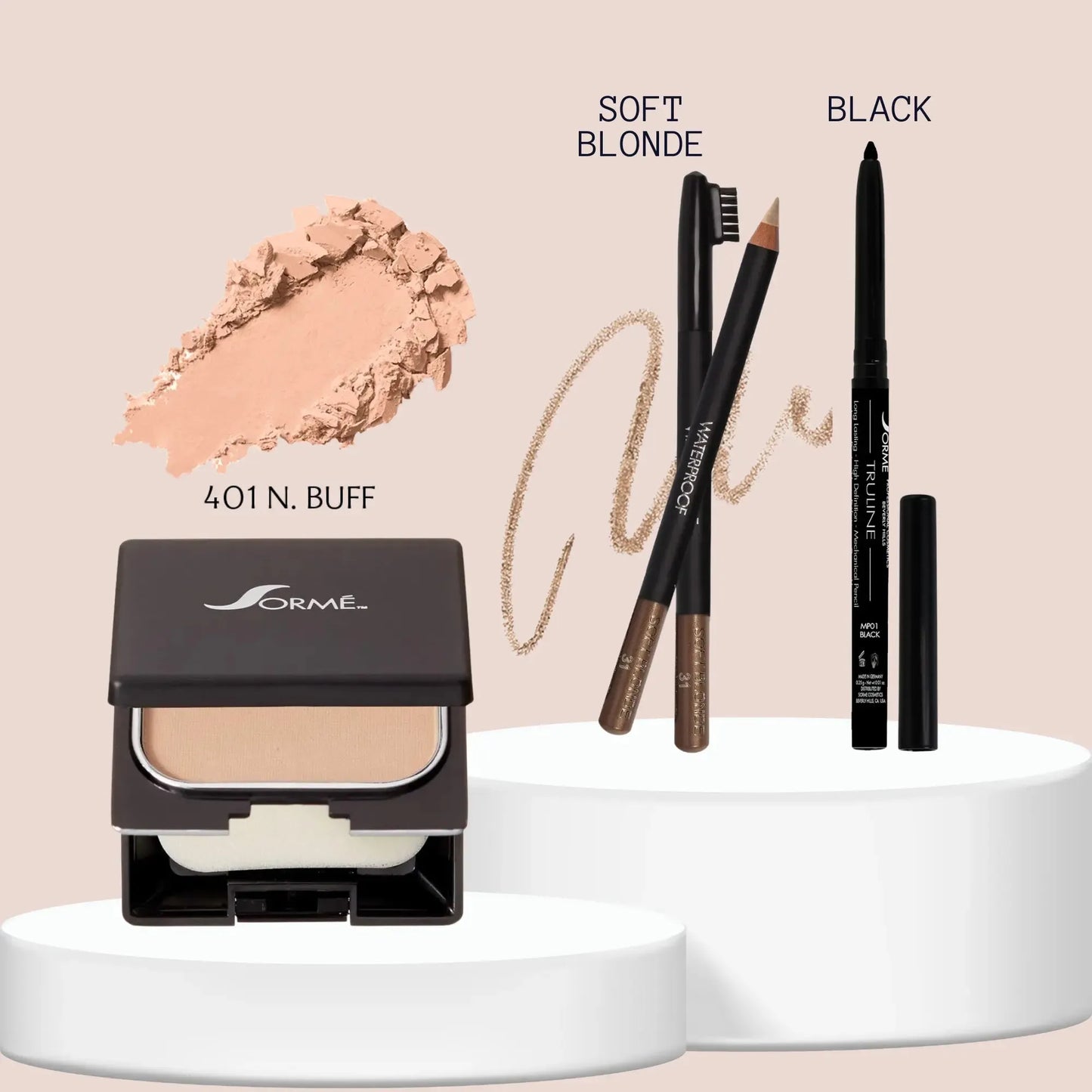 Sorme Lápiz Cejas Blonde + Base Polvo Buff + Delineador Black Capeli