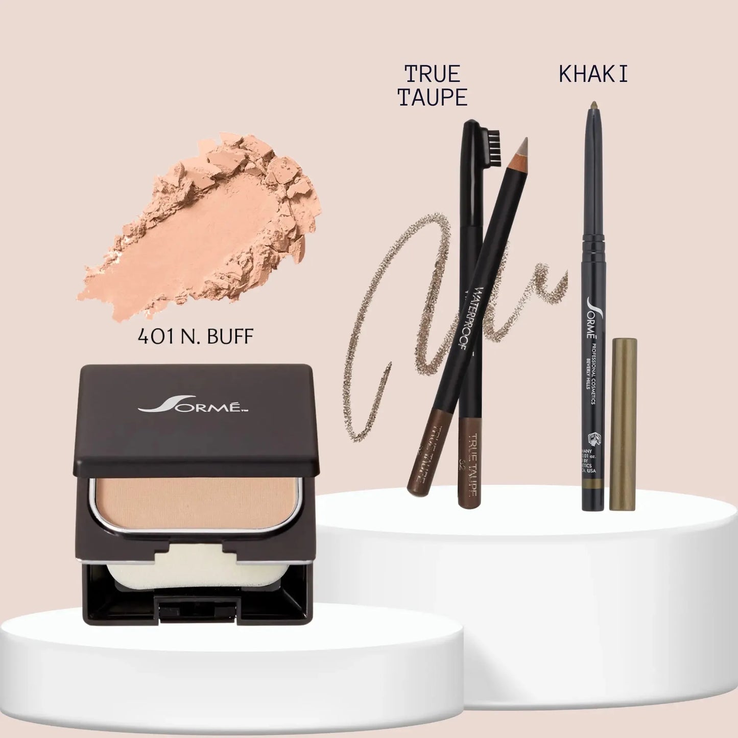 Sorme Lápiz Cejas Taupe + Base Polvo Buff + Delineador Khaki Capeli