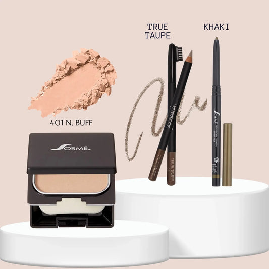 Sorme Lápiz Cejas Taupe + Base Polvo Buff + Delineador Khaki Capeli