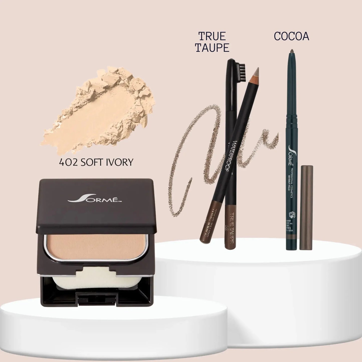 Sorme Lápiz Cejas Taupe + Base Polvo Ivory + Delineador Cocoa Capeli
