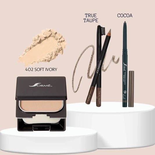 Sorme Lápiz Cejas Taupe + Base Polvo Ivory + Delineador Cocoa Capeli