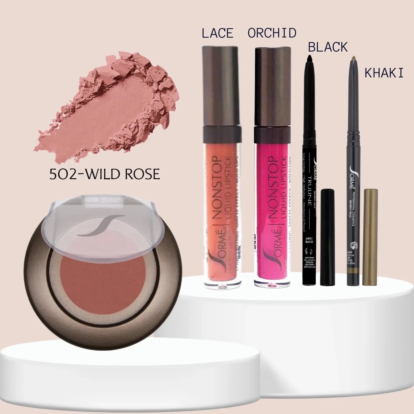 Sorme Labial Mate Lace/Orchid + Delineador Black/Khaki + Rubor Wild Rose Capeli