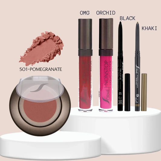 Sorme Labial Mate OMG/Orchid + Delineador Black/Khaki + Rubor Pomegranate Capeli