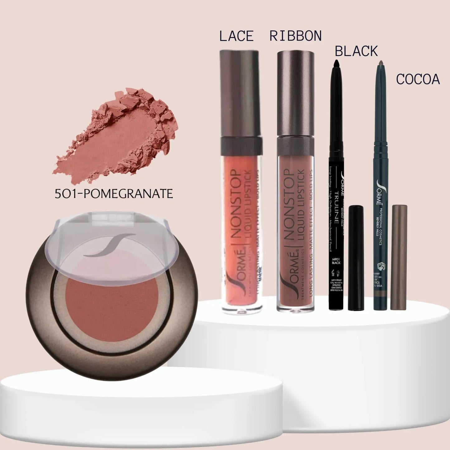 Sorme Labial Mate Ribbon/Lace + Delineador Black/Cocoa + Rubor Pomegranate Capeli